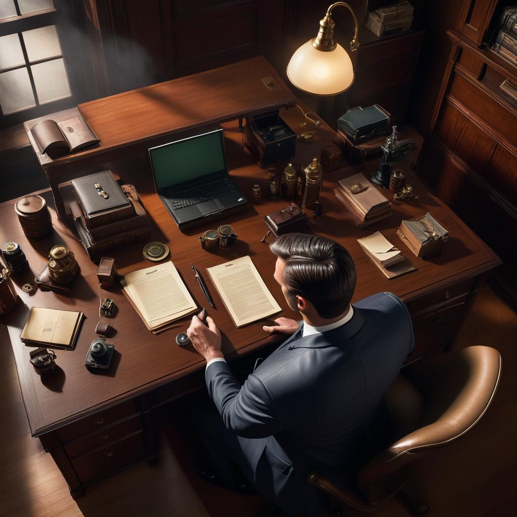  A detective's desk viewed from above with an empty center space but no detective present. hyperrealistic, full body, detailed clothing, highly detailed, cinematic lighting, stunningly beautiful, intricate, sharp focus, f/1. 8, 85mm, (centered image composition), (professionally color graded), ((bright soft diffused light)), volumetric fog, trending on instagram, trending on tumblr, HDR 4K, 8K