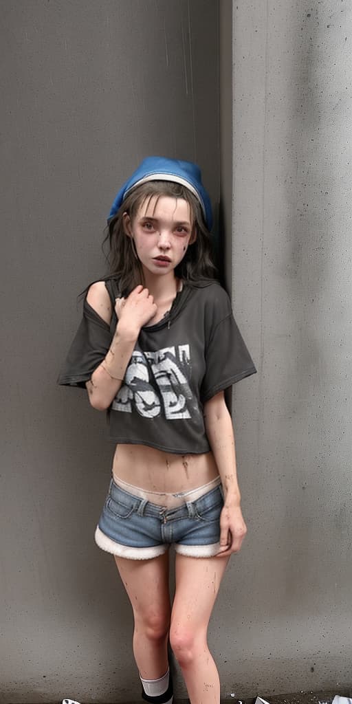  homeless-girl in short shorts, dirty, around the corner, it's raining, raised her top