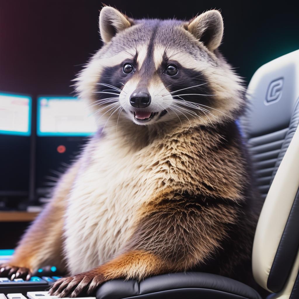  raccoon sitting in gaming chair front a computer on desktop, ((semi anthropomorphic)),(full body), tail, belly, sitting, fat, (chubby), (((white background))), solo, desktop, gaming chair, side view,  [[[clothes]]] hyperrealistic, full body, detailed clothing, highly detailed, cinematic lighting, stunningly beautiful, intricate, sharp focus, f/1. 8, 85mm, (centered image composition), (professionally color graded), ((bright soft diffused light)), volumetric fog, trending on instagram, trending on tumblr, HDR 4K, 8K