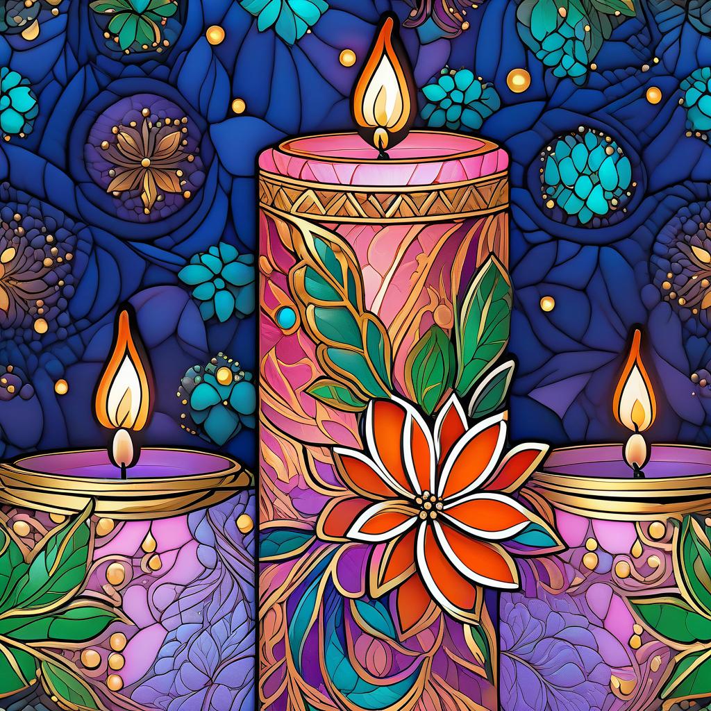  gothic style (Background):Dark blue night sky. In the sky turquoise golden stars and emerald fireworks. There are three candles on the background of the night sky. In the centre one is tall, on the sides wide and lower. (First candle decor)::pink framed with gold patterns and swirls of drops. In the middle of the candle is a flower bud and stem with emerald coloured leaves. Under the flower the candle is tied with a ribbon of blue blue colour. (Second and third candle decor):purple colour, framed with golden drops. In the middle is a purple coloured flower bud and stems with emerald coloured leaves. Zentangle have the signature uneven edge and rounded corners. The original tiles are in the form of geometric shapes: square, triangle, rectang hyperrealistic, full body, detailed clothing, highly detailed, cinematic lighting, stunningly beautiful, intricate, sharp focus, f/1. 8, 85mm, (centered image composition), (professionally color graded), ((bright soft diffused light)), volumetric fog, trending on instagram, trending on tumblr, HDR 4K, 8K