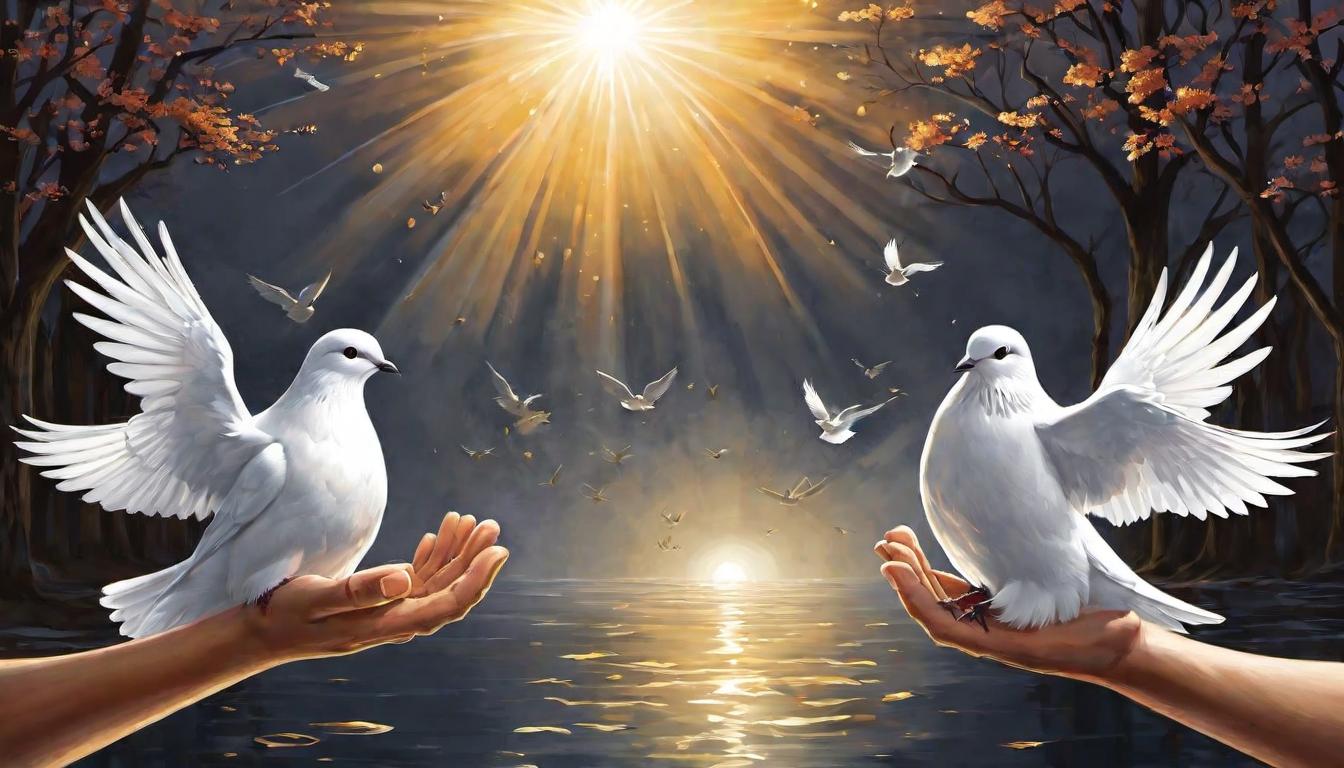  digital illustration, Two hands (metaphorical use, not literal) coming together, one glowing with a warm light, the other releasing doves, symbolizing forgiveness and mercy, bonds healing, light overcoming shadows, looking at viewer, dynamic pose, (intricate details, masterpiece, best quality)