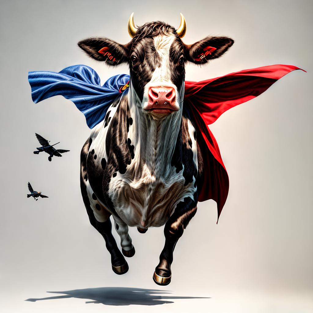  a flying cow, superman cape, on white background, best quality, masterpiece