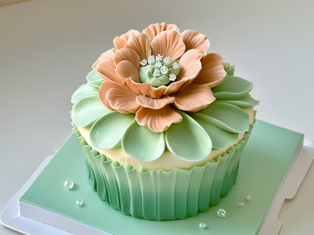  A closeup, ultradetailed image of a delicate, intricately designed sugar flower atop a perfectly frosted cupcake. The flower is crafted with precision, showcasing every petal and detail with crystalclear clarity. The frosting on the cupcake is smooth and flawless, reflecting a soft sheen under the light. The color palette is pastel and soothing, with subtle hints of green and pink, creating a visually stunning and elegant composition that exudes artistry and craftsmanship. hyperrealistic, full body, detailed clothing, highly detailed, cinematic lighting, stunningly beautiful, intricate, sharp focus, f/1. 8, 85mm, (centered image composition), (professionally color graded), ((bright soft diffused light)), volumetric fog, trending on instagram, trending on tumblr, HDR 4K, 8K