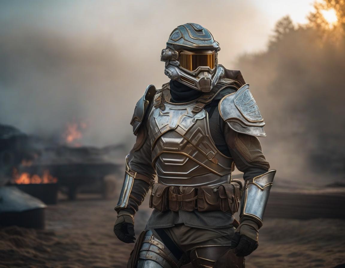  A person in light airtight armor post apocalypse hyperrealistic, full body, detailed clothing, highly detailed, cinematic lighting, stunningly beautiful, intricate, sharp focus, f/1. 8, 85mm, (centered image composition), (professionally color graded), ((bright soft diffused light)), volumetric fog, trending on instagram, trending on tumblr, HDR 4K, 8K