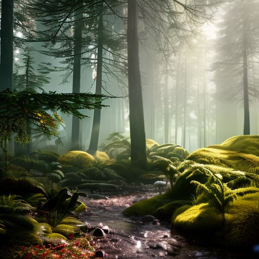 redshift style Enchanted Forests hyperrealistic, full body, detailed clothing, highly detailed, cinematic lighting, stunningly beautiful, intricate, sharp focus, f/1. 8, 85mm, (centered image composition), (professionally color graded), ((bright soft diffused light)), volumetric fog, trending on instagram, trending on tumblr, HDR 4K, 8K