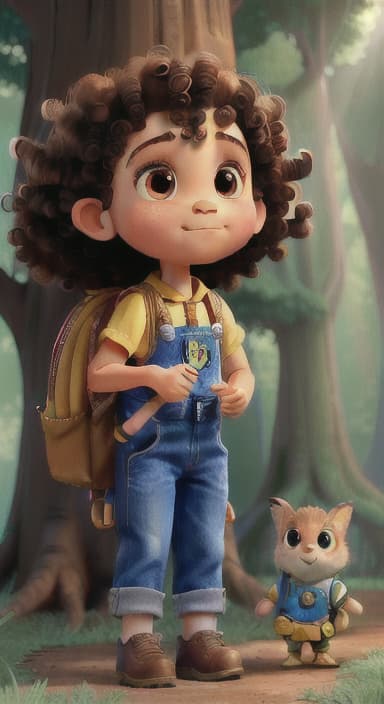  {The tree shining brightly and releasing a gentle, magical light., Riley, a curious with big brown eyes and curly hair, wearing overalls and carrying a small backpack. Their friend, Skye, a bluebird with shiny feathers.