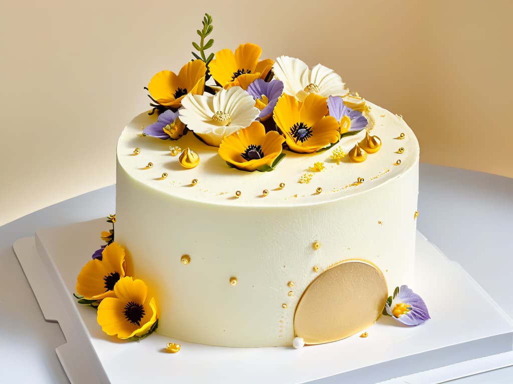  A closeup, ultradetailed image of a perfectly crafted gourmet cake, showcasing intricate layers of sponge, delicate frosting swirls, and meticulously placed edible flowers and gold leaf accents on top. The cake sits on a sleek, contemporary white plate against a soft, blurred background, emphasizing the artistry and precision of gourmet pastry craftsmanship. hyperrealistic, full body, detailed clothing, highly detailed, cinematic lighting, stunningly beautiful, intricate, sharp focus, f/1. 8, 85mm, (centered image composition), (professionally color graded), ((bright soft diffused light)), volumetric fog, trending on instagram, trending on tumblr, HDR 4K, 8K