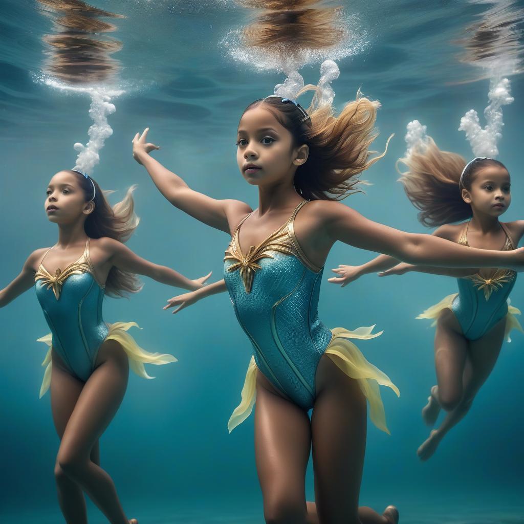  children's synchronized swimming, young sea monsters hyperrealistic, full body, detailed clothing, highly detailed, cinematic lighting, stunningly beautiful, intricate, sharp focus, f/1. 8, 85mm, (centered image composition), (professionally color graded), ((bright soft diffused light)), volumetric fog, trending on instagram, trending on tumblr, HDR 4K, 8K