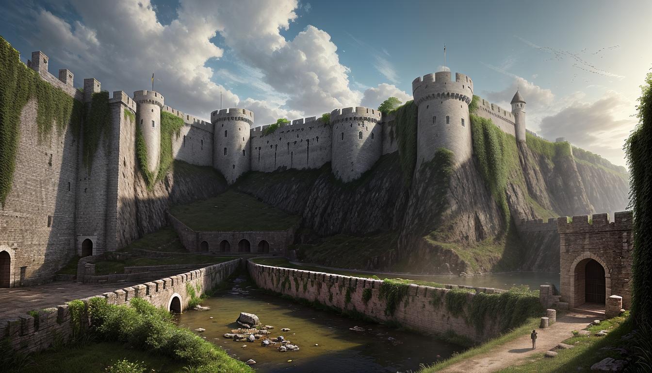  digital illustration, A fortress wall, cracks and breaches labeled 'neglect', 'ignorance', fort surrounded by lush landscape labeled 'investment', strong, steadfast wall protecting valuable interior, detailed bricks and battlements, sense of security and defense, looking at viewer, dynamic pose, (intricate details, masterpiece, best quality)