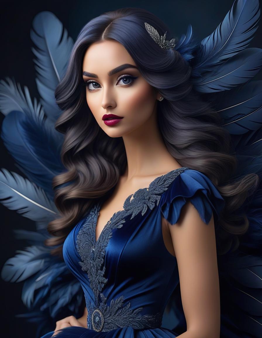  Portrait of a beautiful girl in a dark blue velvet Lorrain dress, on beautiful hair adorned with soft feathers of dark blue colour hyperrealistic, full body, detailed clothing, highly detailed, cinematic lighting, stunningly beautiful, intricate, sharp focus, f/1. 8, 85mm, (centered image composition), (professionally color graded), ((bright soft diffused light)), volumetric fog, trending on instagram, trending on tumblr, HDR 4K, 8K