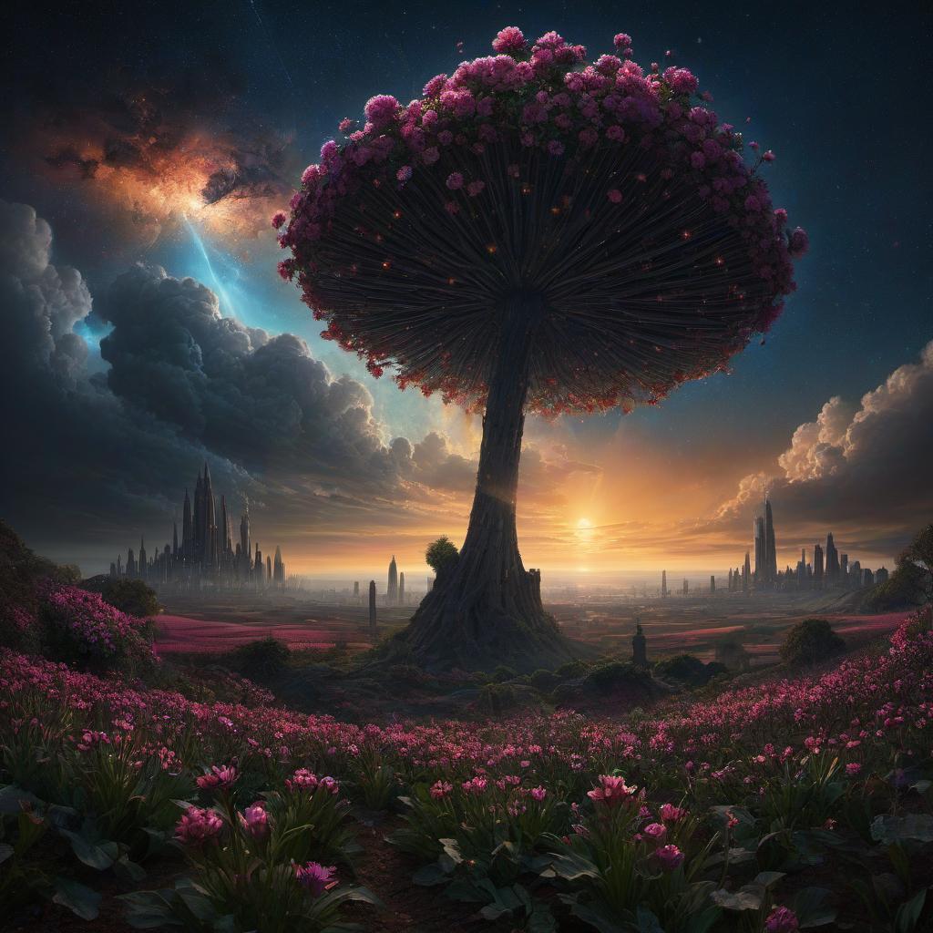  (stylized by Tomasz Alen Kopera:1.3) , dark art, dense flower field and Perseid meteor in background, landscape of a (Barcelona:1.2) , very Bizarre and 1600'S, Hurricane, Glitchcore, Amaro, layered textures, ornate, intricate artistic color, complimentary colors, very inspirational, atmosphere, fine artistic composition, sunny, theatrical hyperrealistic, full body, detailed clothing, highly detailed, cinematic lighting, stunningly beautiful, intricate, sharp focus, f/1. 8, 85mm, (centered image composition), (professionally color graded), ((bright soft diffused light)), volumetric fog, trending on instagram, trending on tumblr, HDR 4K, 8K