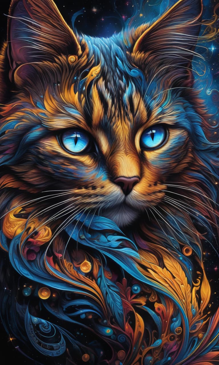  (psychedelic art, highly detailed, fantasy art:1.3), mesmerizing cat's face, intense glowing eyes with swirling colors, stunning blend of black, blue, and yellow hues, intricate patterns and designs, cosmic background with galaxies and stars, ethereal and mystical atmosphere, otherworldly beauty, intricate celestial patterns, cosmic energy radiating from the eyes, mesmerizing and captivating gaze, transcendent and surreal, vibrant and dynamic composition, close up shot capturing every intricate detail. hyperrealistic, full body, detailed clothing, highly detailed, cinematic lighting, stunningly beautiful, intricate, sharp focus, f/1. 8, 85mm, (centered image composition), (professionally color graded), ((bright soft diffused light)), volumetric fog, trending on instagram, trending on tumblr, HDR 4K, 8K