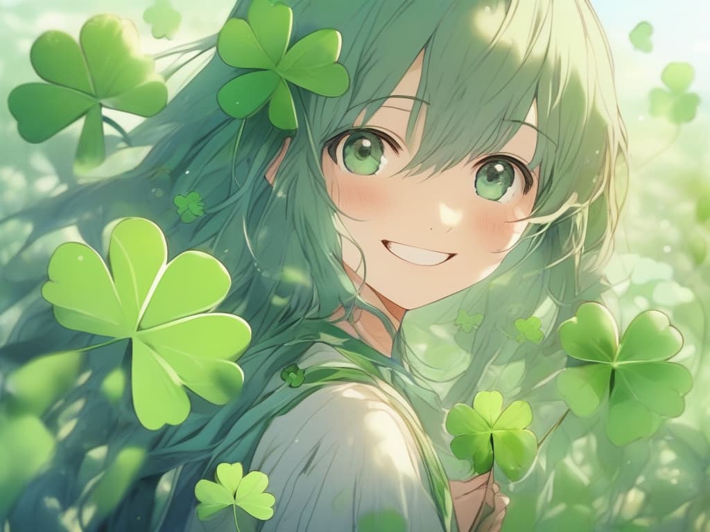  Three leaves clover, green hair, smile, masterpiece, best quality,8k,ultra detailed,high resolution,an extremely delicate and beautiful,hyper detail