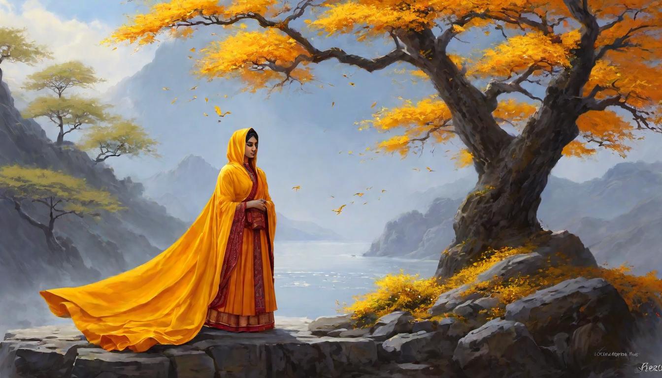  digital painting of A figure robed in saffron, radiating calm and sanctity, timeless grace, the epitome of serenity, clothed in tradition looking at viewer, dynamic pose, (intricate details, masterpiece, best quality)