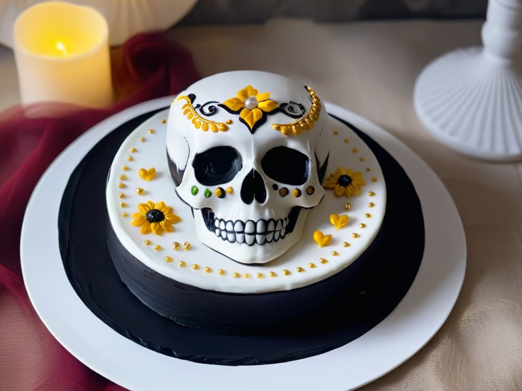  A highresolution image of a sleek, black dessert plate with a delicately crafted sugar skull dessert in the center. The sugar skull is intricately decorated with edible silver and gold accents, resembling a fusion of traditional Mexican Dia de los Muertos calavera with a modern, minimalist twist. The dessert plate is set against a stark white background, emphasizing the elegant and eerie details of the dessert. hyperrealistic, full body, detailed clothing, highly detailed, cinematic lighting, stunningly beautiful, intricate, sharp focus, f/1. 8, 85mm, (centered image composition), (professionally color graded), ((bright soft diffused light)), volumetric fog, trending on instagram, trending on tumblr, HDR 4K, 8K