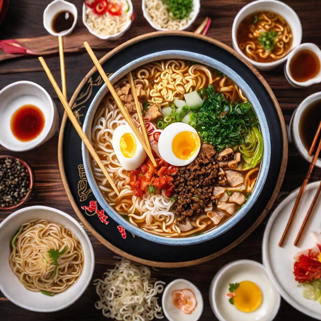  masterpiece, best quality, A close-up shot of a person delicately slurping a bowl of steaming ramen noodles, capturing the swirling steam and the vibrant colors of the ingredients. The environment is a bustling, authentic ramen shop, with wooden counters, hanging lanterns, and other diners in the background. The mood is cozy and comforting, with a sense of anticipation and enjoyment. The style is a high-definition photograph, capturing every detail of the noodles, broth, and toppings. The lighting is warm and soft, accentuating the rich hues of the dish. The realization is achieved with a professional DSLR camera, using a shallow depth of field to highlight the food and create a blurred background effect.