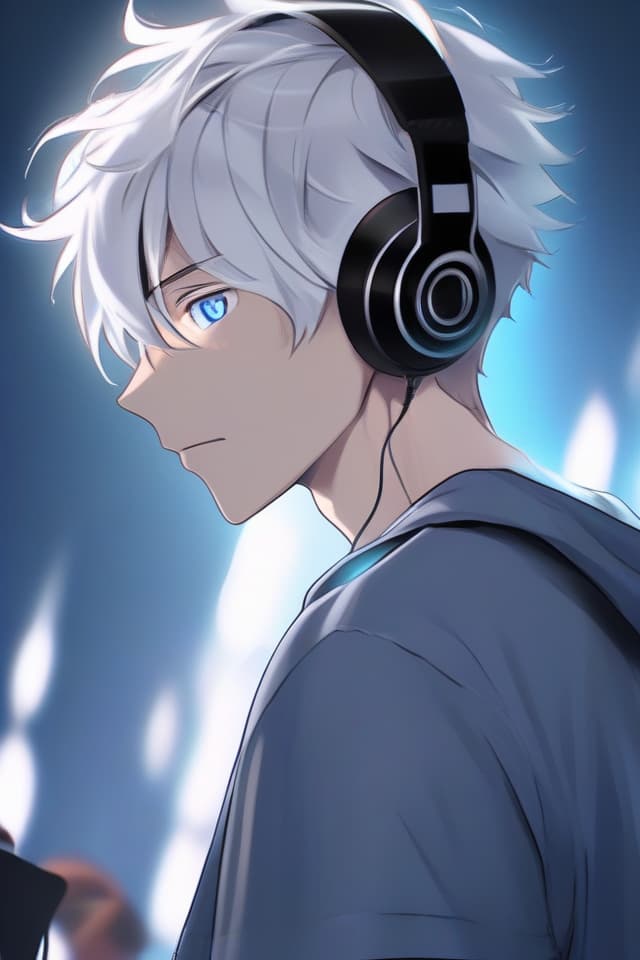  イラスト風、Listening to music with headphones🎧,high quality,best,texture,contrast,most,male,super handsome,cool,only upper body,short cut,(silver hair blue eyes),8K,16k,wearing T shirt