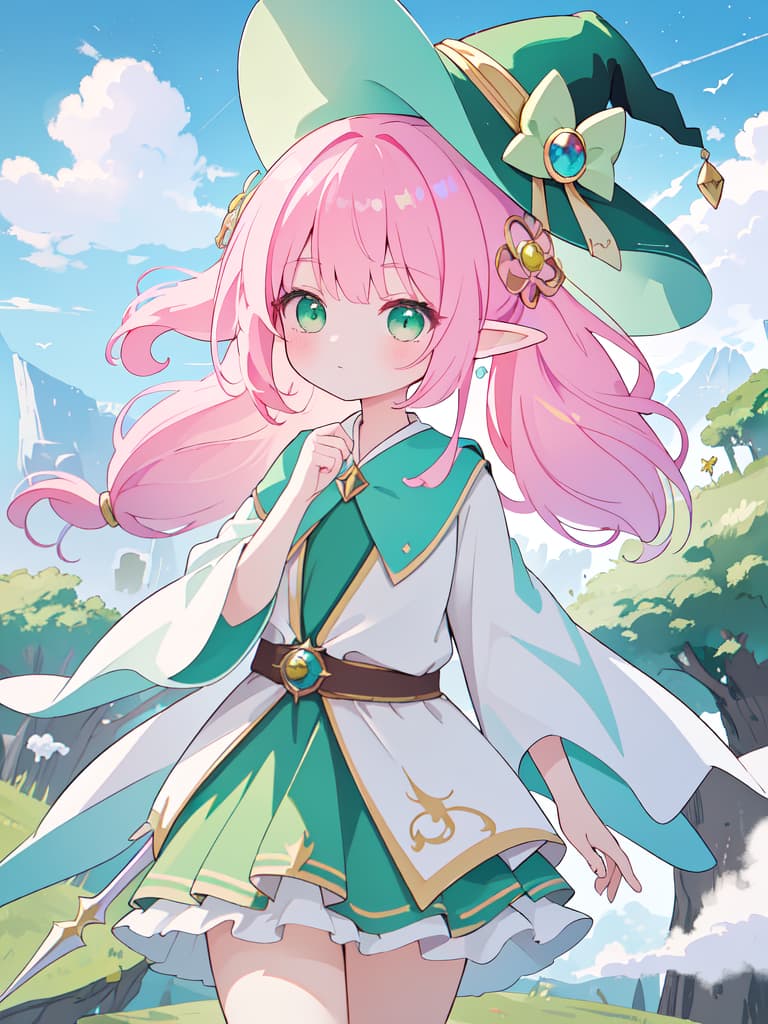  (Best masterpiece: 1.5),(Highest image quality),(Super detail),(Super precision),(Super beautiful CG),(8K),1girl,elf,solo,twin tail hair,pink hair,green eyes,（close up）,wizard's hat,wizard's robe,boots ladies ,hair blowing in the wind,chant magic with a wand,swirling clouds,low angle,, masterpiece, best quality,8k,ultra detailed,high resolution,an extremely delicate and beautiful,hyper detail