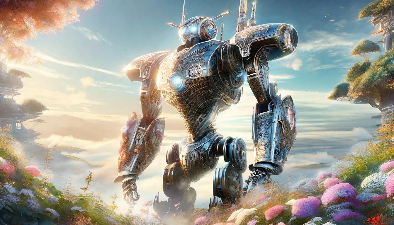  digital illustration Giant, dormant robot beginning to activate, flowers growing around; juxtaposition of technology and nature; dawn light; steampunk fantasy art with a focus on renewal and potential looking at viewer, dynamic pose, (intricate details, masterpiece, best quality)