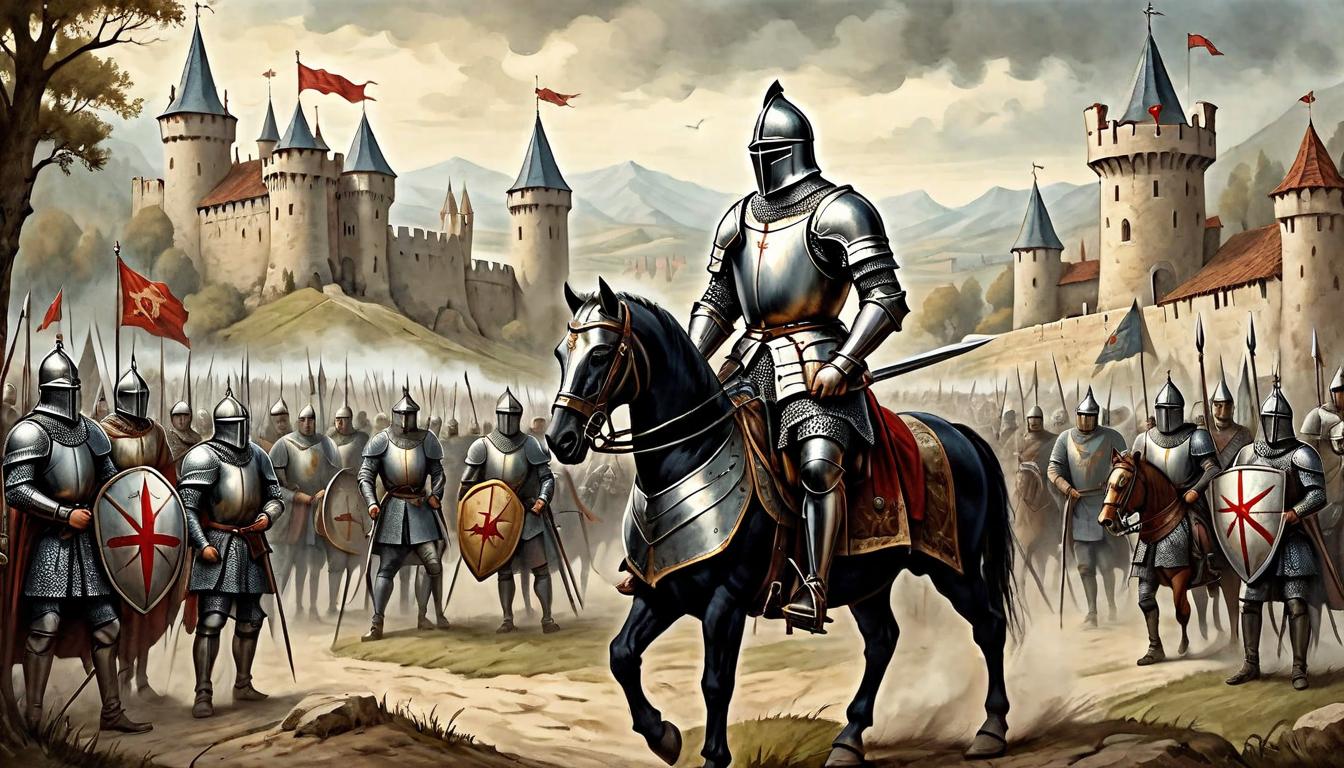  on parchment, surrealism+++, Knight in shining armor, standing firm, surrounded by loyal allies, medieval village backdrop, shields and banners, unity, strength, protection(mysterious, provocative, symbolic,muted color)+++