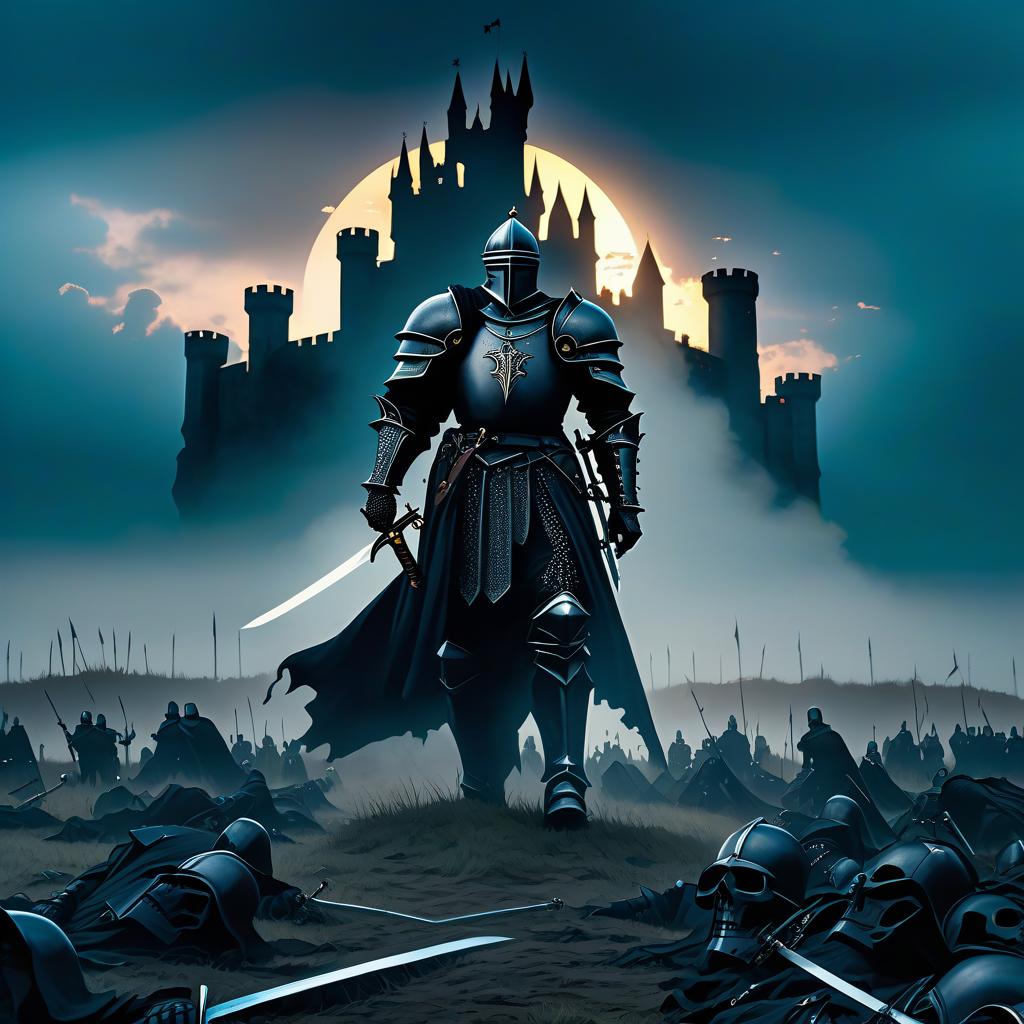  macabre style Background: Ruins of a large medieval Gothic castle in a field. The field is littered with fallen knights. Across the field, among the ruins, a black knight in black armor and helmet with a sword, looking down, walks towards the viewer in the middle of the scene. Night in twilight. . dark, gothic, grim, haunting, highly detailed hyperrealistic, full body, detailed clothing, highly detailed, cinematic lighting, stunningly beautiful, intricate, sharp focus, f/1. 8, 85mm, (centered image composition), (professionally color graded), ((bright soft diffused light)), volumetric fog, trending on instagram, trending on tumblr, HDR 4K, 8K