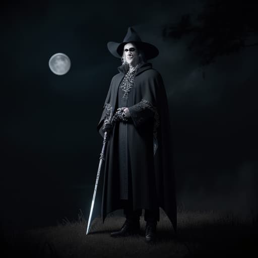  a full body photo shot of a scary and breathtaking image of a ((Man)) wearing a fully clothed casual witchy witch clothes with intricate details in the style of a reapers cloak, he is holding a long curved double edged ((scythe)). This full body image is a one of a kind unique highly detailed with 8k sharp focus quality masterpiece, horror theme, nightmare, ultra detailed, hyper focus, unreal engine, masterpiece, high rez, creepy, massive gore, massive blood, magically fused being, night sky with moon in the background , style of Tim Burton, stop motion animation, depth of field, cinematic composition, supernatural appearance, death like appearance, artistically drawn background, artistically drawn body, artistically drawn face, artisticall