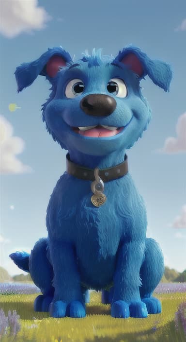  {A happy, big blue dog wagging its tail in a colorful meadow, The big blue dog is large with sky blue fur, big round eyes, a black nose, and floppy ears.