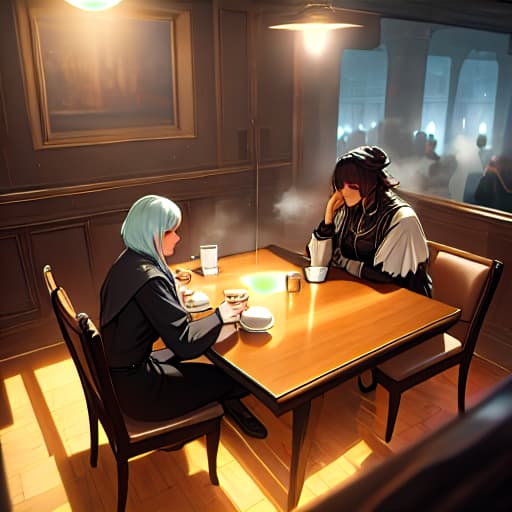  (black people sitting at table having coffee), anime, highly detailed, 4k, high quality, trending on art station hyperrealistic, full body, detailed clothing, highly detailed, cinematic lighting, stunningly beautiful, intricate, sharp focus, f/1. 8, 85mm, (centered image composition), (professionally color graded), ((bright soft diffused light)), volumetric fog, trending on instagram, trending on tumblr, HDR 4K, 8K