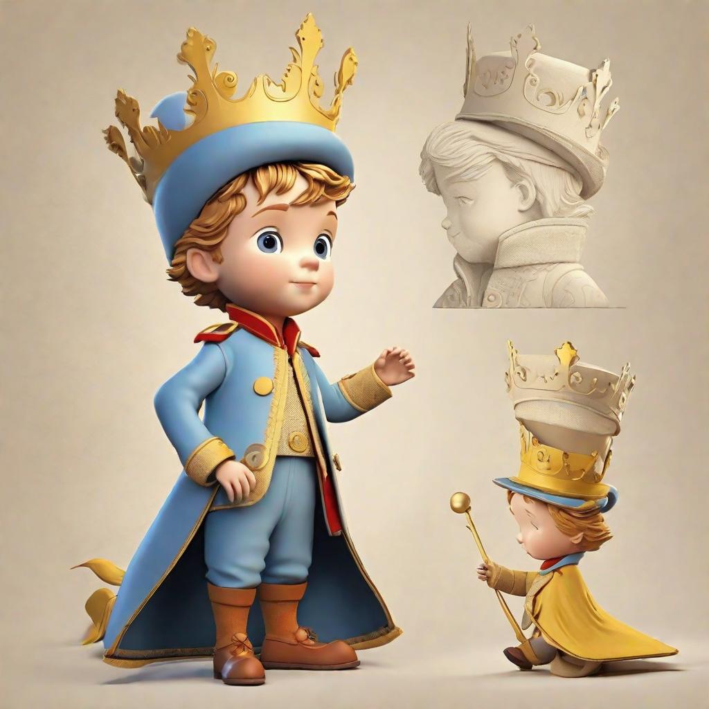  masterpiece, best quality,A cartoon version of the handsome little prince, drawing three views for its modeling