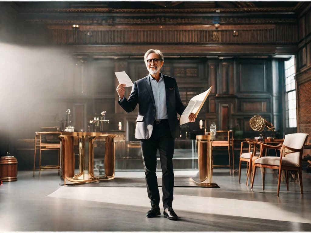  A photo of Steven Spielberg on set, holding a script and gesturing excitedly to an actor. The actor's expression is a mix of surprise and curiosity as Spielberg makes an unexpected request, capturing the behind-the-scenes excitement of filmmaking.digital art, ilustration hyperrealistic, full body, detailed clothing, highly detailed, cinematic lighting, stunningly beautiful, intricate, sharp focus, f/1. 8, 85mm, (centered image composition), (professionally color graded), ((bright soft diffused light)), volumetric fog, trending on instagram, trending on tumblr, HDR 4K, 8K