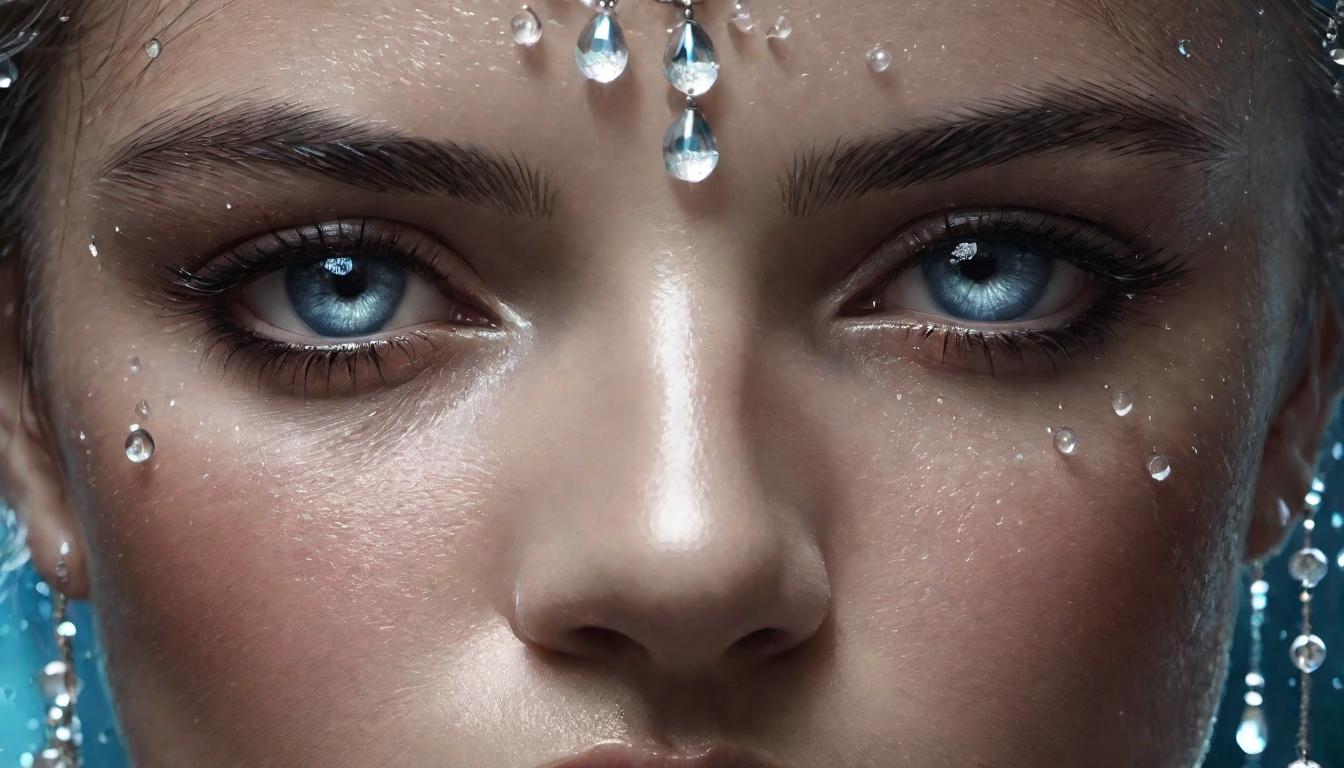  （surrealism)Close up of a peaceful face, eyes closed, serene expression, beads of water on skin, droplets catching soft light, sense of renewal, tranquility mystic, intricate details, best quality)