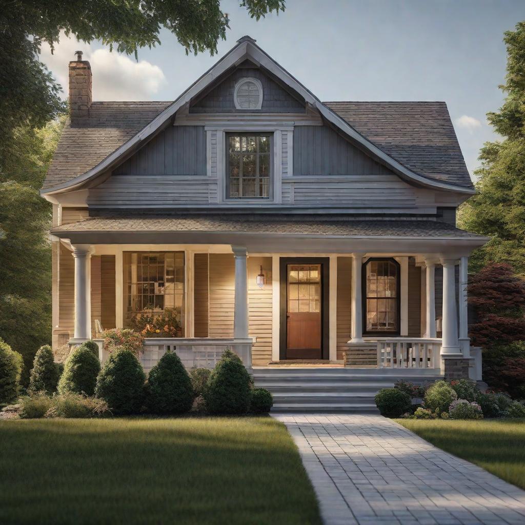  Draw an American-style house that is located in a small town in America. This house has a lawn, a garage hyperrealistic, full body, detailed clothing, highly detailed, cinematic lighting, stunningly beautiful, intricate, sharp focus, f/1. 8, 85mm, (centered image composition), (professionally color graded), ((bright soft diffused light)), volumetric fog, trending on instagram, trending on tumblr, HDR 4K, 8K