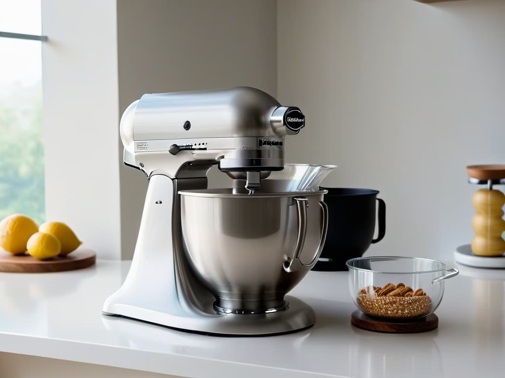  An intricately detailed 8k image of a sleek, modern kitchen countertop adorned with a highend stand mixer and a hand mixer, both gleaming under soft, natural lighting. The stand mixer exudes professional elegance with its polished stainless steel finish and powerful motor, while the hand mixer, compact and versatile, showcases a minimalist design with ergonomic handles and intuitive controls. The composition captures the essence of baking mastery, inviting viewers to ponder the choice between these kitchen essentials for elevating their homemade pastry creations. hyperrealistic, full body, detailed clothing, highly detailed, cinematic lighting, stunningly beautiful, intricate, sharp focus, f/1. 8, 85mm, (centered image composition), (professionally color graded), ((bright soft diffused light)), volumetric fog, trending on instagram, trending on tumblr, HDR 4K, 8K