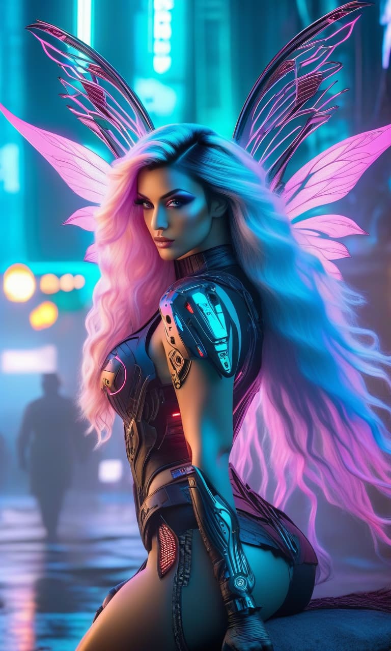  concept art Cyberpunk fairy , with long hair, hair, fairy wings behind , bright outfit, open top . digital artwork, ilrative, painterly, matte painting, highly detailed hyperrealistic, full body, detailed clothing, highly detailed, cinematic lighting, stunningly beautiful, intricate, sharp focus, f/1. 8, 85mm, (centered image composition), (professionally color graded), ((bright soft diffused light)), volumetric fog, trending on instagram, trending on tumblr, HDR 4K, 8K