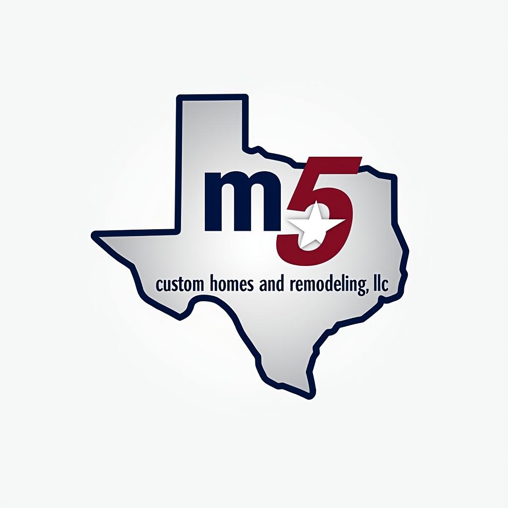  create a minimalist logo featuring the outline of texas. inside the outline, include the letters 'm5' in a bold, modern font: the 'm' in blue, the '5' in red, and a white star. use colors from the texas flag (blue, red, and white) for these elements. add the text 'custom homes and remodeling, llc' elegantly below or around the texas outline in a neutral color, like black or dark blue, to enhance readability.