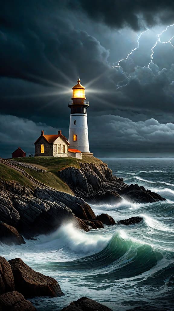  (A stormy night at sea, with a weathered old lighthouse on a rocky coastline casting a golden beam across the roiling waves. A worn, ancient looking treasure chest washed up on the rocky shore, with a faded map protruding from it, hinting at the promise of forgotten riches buried on a distant, mysterious island.) hyperrealistic, full body, detailed clothing, highly detailed, cinematic lighting, stunningly beautiful, intricate, sharp focus, f/1. 8, 85mm, (centered image composition), (professionally color graded), ((bright soft diffused light)), volumetric fog, trending on instagram, trending on tumblr, HDR 4K, 8K