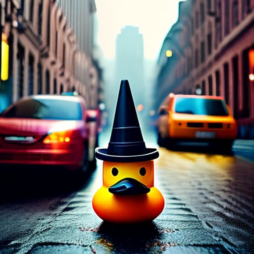 wa-vy style Noir detective mr. Rubber Duck. Smoke, rain, moustache and bravery. He can solve any puzzle. But can't beat his inner demons. Expressive dark matte gouche painting hyperrealistic, full body, detailed clothing, highly detailed, cinematic lighting, stunningly beautiful, intricate, sharp focus, f/1. 8, 85mm, (centered image composition), (professionally color graded), ((bright soft diffused light)), volumetric fog, trending on instagram, trending on tumblr, HDR 4K, 8K