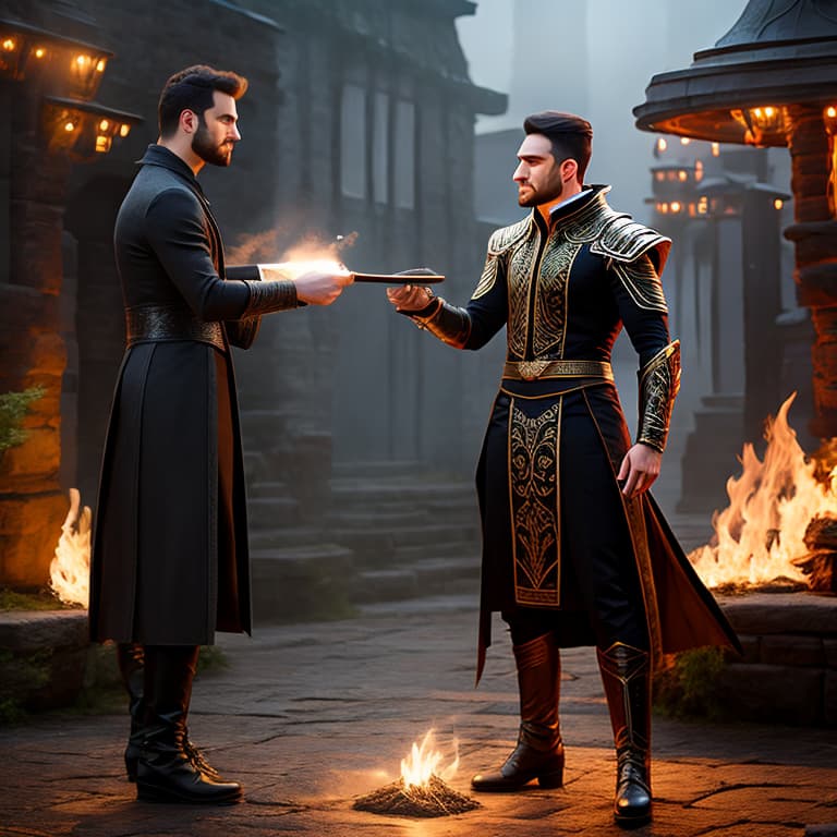  Male mage casting a spell in a magic duel hyperrealistic, full body, detailed clothing, highly detailed, cinematic lighting, stunningly beautiful, intricate, sharp focus, f/1. 8, 85mm, (centered image composition), (professionally color graded), ((bright soft diffused light)), volumetric fog, trending on instagram, trending on tumblr, HDR 4K, 8K