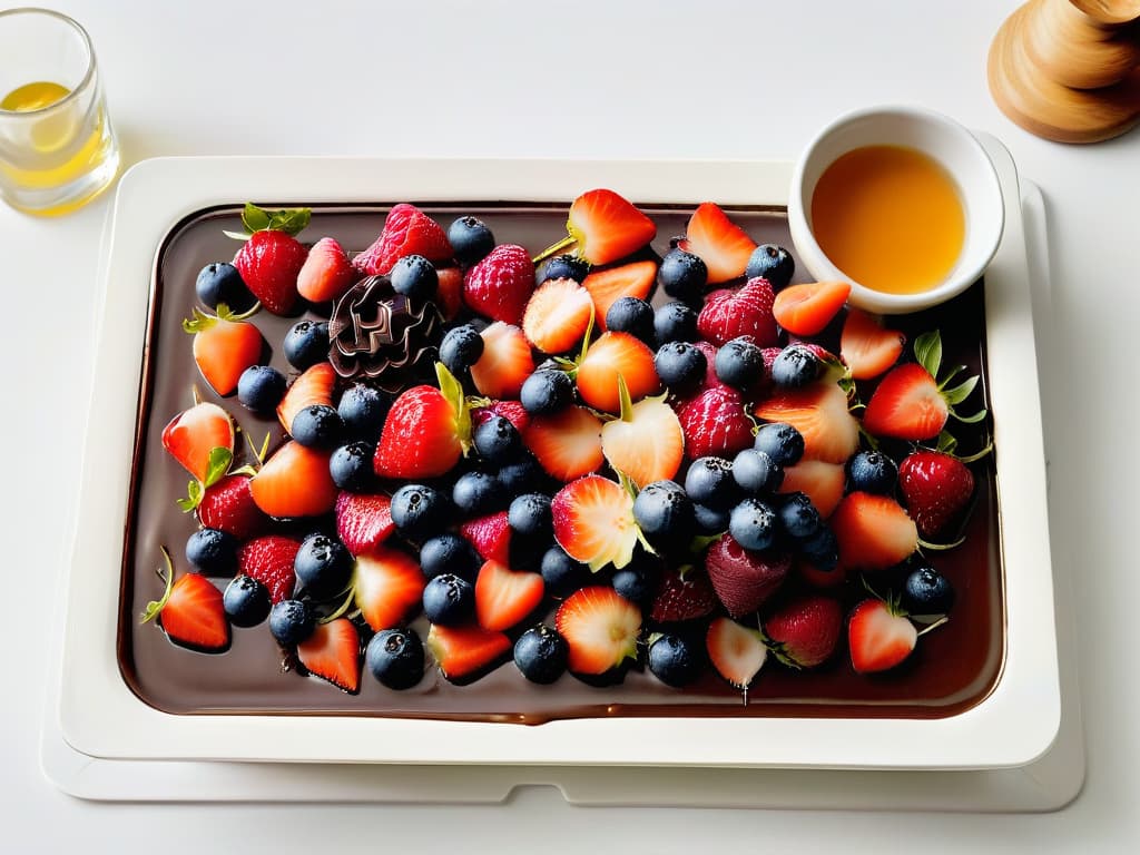  A minimalistic yet captivating image of a sleek, modern kitchen countertop adorned with an array of vibrant, fresh ingredients like ripe berries, glossy chocolate, aromatic vanilla pods, and golden honey drizzle. The soft natural light filtering in through a nearby window highlights the textures and colors of the ingredients, creating a visually appealing and appetizing scene that evokes a sense of culinary creativity and inspiration. hyperrealistic, full body, detailed clothing, highly detailed, cinematic lighting, stunningly beautiful, intricate, sharp focus, f/1. 8, 85mm, (centered image composition), (professionally color graded), ((bright soft diffused light)), volumetric fog, trending on instagram, trending on tumblr, HDR 4K, 8K