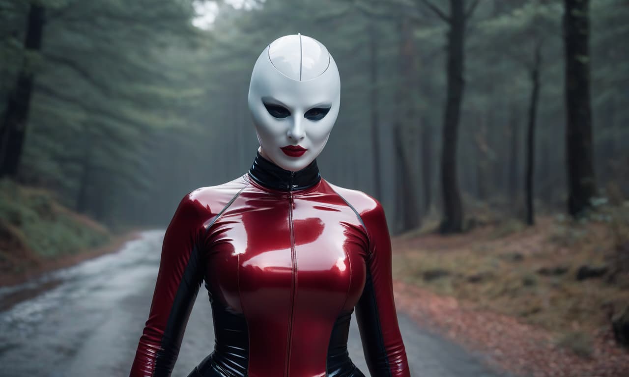  cinematic film still Strict nun, full height, pale skin, brightly colored eyes, plump lips, in a shimmering red latex outfit tightly hugging her body. On her head, a tightly fitting white mask covering her entire head and face. The mask tightly fits her entire face. On her hands, white gloves. On her legs, white boots with high heels, red corset, (dark frame: 1.17), epic realistic, grayish, ((neutral colors)), artistic, (HDR: 1.5), (subdued colors: 1.2), with increased detailing, (Artstation: 1.5), cinematic, warm light, dramatic light, (complex details: 1.1), complex background, (Rutkowski: 0.8), (sapphire blue and orange: 0.4), Detailing, ((complex details, highly detailed)). . shallow depth of field, vignette, highly detailed, high budg hyperrealistic, full body, detailed clothing, highly detailed, cinematic lighting, stunningly beautiful, intricate, sharp focus, f/1. 8, 85mm, (centered image composition), (professionally color graded), ((bright soft diffused light)), volumetric fog, trending on instagram, trending on tumblr, HDR 4K, 8K