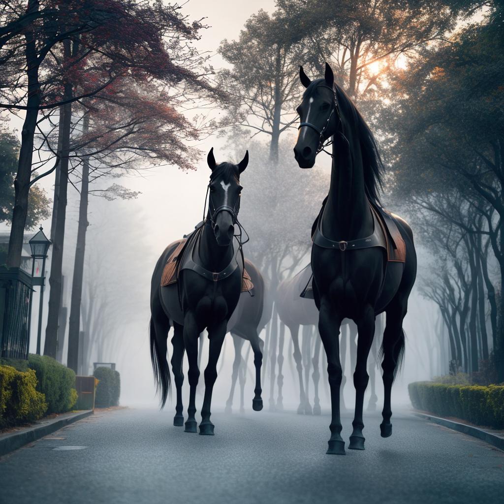  a man walking on a street on a black horses. A city full of trees and house. hyperrealistic, full body, detailed clothing, highly detailed, cinematic lighting, stunningly beautiful, intricate, sharp focus, f/1. 8, 85mm, (centered image composition), (professionally color graded), ((bright soft diffused light)), volumetric fog, trending on instagram, trending on tumblr, HDR 4K, 8K