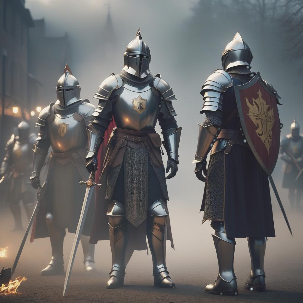  Knights hyperrealistic, full body, detailed clothing, highly detailed, cinematic lighting, stunningly beautiful, intricate, sharp focus, f/1. 8, 85mm, (centered image composition), (professionally color graded), ((bright soft diffused light)), volumetric fog, trending on instagram, trending on tumblr, HDR 4K, 8K