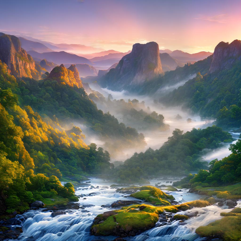  ((masterpiece)),(((best quality))), 8k, high detailed, ultra-detailed. A serene natural landscape with a winding river flowing through a lush green valley, surrounded by towering mountains. (A majestic waterfall) cascades down one of the cliffs, creating a mesmerizing display of water and mist. The sky is painted with vibrant hues of pink and orange as the sun sets behind the mountains, casting a warm golden light over the entire scene. The reflection of the landscape is perfectly mirrored in the calm water of the river, adding a sense of tranquility to the artwork. hyperrealistic, full body, detailed clothing, highly detailed, cinematic lighting, stunningly beautiful, intricate, sharp focus, f/1. 8, 85mm, (centered image composition), (professionally color graded), ((bright soft diffused light)), volumetric fog, trending on instagram, trending on tumblr, HDR 4K, 8K