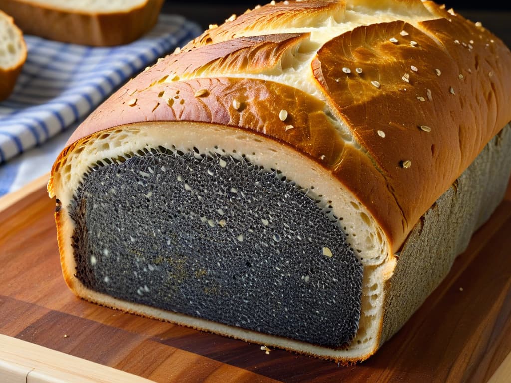  An ultradetailed closeup image of a freshly baked loaf of bread, with golden crust and visible specks of poppy seeds on the surface, set on a rustic wooden cutting board. The texture of the bread is highlighted, showcasing the intricate patterns created by the seeds, inviting the viewer to imagine the aroma and taste of the freshly baked bread. The lighting is soft, emphasizing the natural colors and creating a warm, inviting atmosphere that conveys the essence of homemade baking. hyperrealistic, full body, detailed clothing, highly detailed, cinematic lighting, stunningly beautiful, intricate, sharp focus, f/1. 8, 85mm, (centered image composition), (professionally color graded), ((bright soft diffused light)), volumetric fog, trending on instagram, trending on tumblr, HDR 4K, 8K