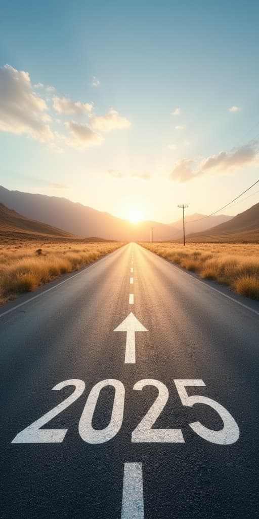  good quality, high quality, road to 2025 with an empty road with written 2025 and arrow pointing towards the horizon to represent the future and positivity and success of the new year 2025