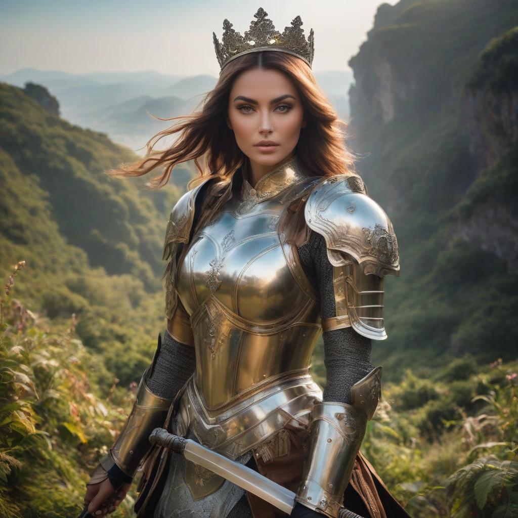  A girl in armor with a sword in her hands. Very beautiful girl. One sword, beautiful landscape. A crown on her head. Brown hair, brown eyes. Surreal abstractionism. Honoré Fargonard, Alfonso Mucha. hyperrealistic, full body, detailed clothing, highly detailed, cinematic lighting, stunningly beautiful, intricate, sharp focus, f/1. 8, 85mm, (centered image composition), (professionally color graded), ((bright soft diffused light)), volumetric fog, trending on instagram, trending on tumblr, HDR 4K, 8K