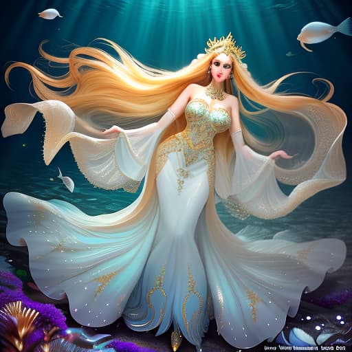  A floating underwater in a sea kingdom, beautiful with large eyes, eyelashes, and puffy lips, wearing a long gown made of shimmering mother of pearl fabric, her feet , long golden hair adorned with pearls, swimming alongside are golden fish with shiny scales, bright white skin, and a large seashell in her hands. hyperrealistic, full body, detailed clothing, highly detailed, cinematic lighting, stunningly beautiful, intricate, sharp focus, f/1. 8, 85mm, (centered image composition), (professionally color graded), ((bright soft diffused light)), volumetric fog, trending on instagram, trending on tumblr, HDR 4K, 8K