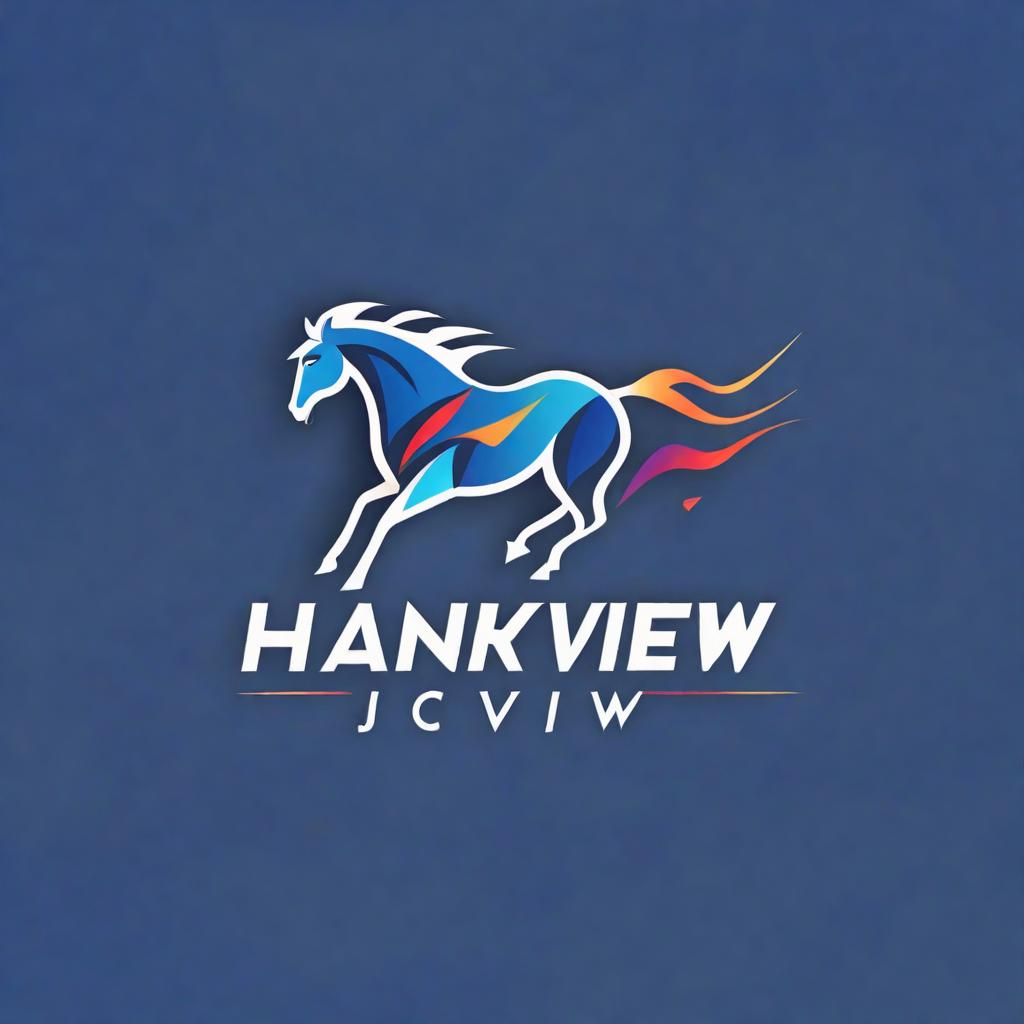  generater abstract brand logo, simple modern and cool, color theme is dark blue, logo design related to racing & horse & data analysis logo text is HKJCVIEW, logo text should show clearly