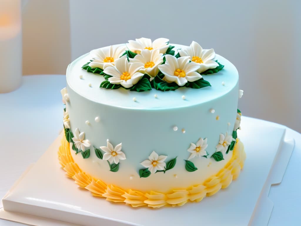  An ultradetailed closeup image of a perfectly frosted and meticulously decorated threetiered cake, showcasing intricate piping work, delicate fondant details, and elegant sugar flowers in soft pastel colors. The cake sits on a sleek, white marble countertop, with subtle natural light highlighting its flawless craftsmanship, creating a visually stunning and aspirational minimalist composition. hyperrealistic, full body, detailed clothing, highly detailed, cinematic lighting, stunningly beautiful, intricate, sharp focus, f/1. 8, 85mm, (centered image composition), (professionally color graded), ((bright soft diffused light)), volumetric fog, trending on instagram, trending on tumblr, HDR 4K, 8K