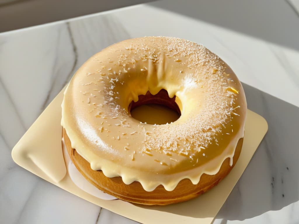  An ultradetailed closeup image of a freshly glazed donut resting on a sleek, modern marble countertop. The donut is perfectly round, golden brown, and glistening with a thin, even layer of glossy glaze that catches the light and reflects a soft, inviting sheen. The surface of the donut is delicately textured, with tiny specks of vanilla bean visible in the glaze. The background is blurred, emphasizing the simplicity and elegance of the donut as the focal point of the image. hyperrealistic, full body, detailed clothing, highly detailed, cinematic lighting, stunningly beautiful, intricate, sharp focus, f/1. 8, 85mm, (centered image composition), (professionally color graded), ((bright soft diffused light)), volumetric fog, trending on instagram, trending on tumblr, HDR 4K, 8K